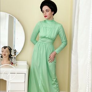 Mint Green 1970s Poly Draped High Collar Dress